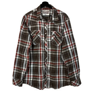 Plaid Western Pearl Snap Shirt Mens XL Brown Red Long Sleeve Reclaim Rodeo
